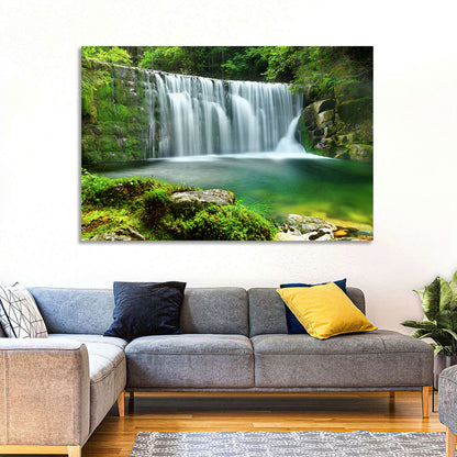 Emerald Forest Waterfall with Mossy Stones Wall Art