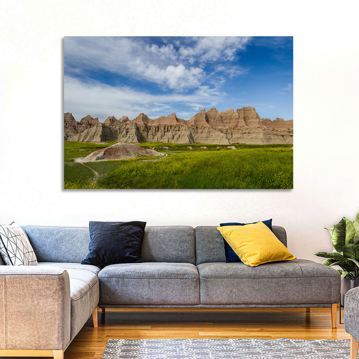 Badlands Meadow and Rock Formations Wall Art in a room, landscape