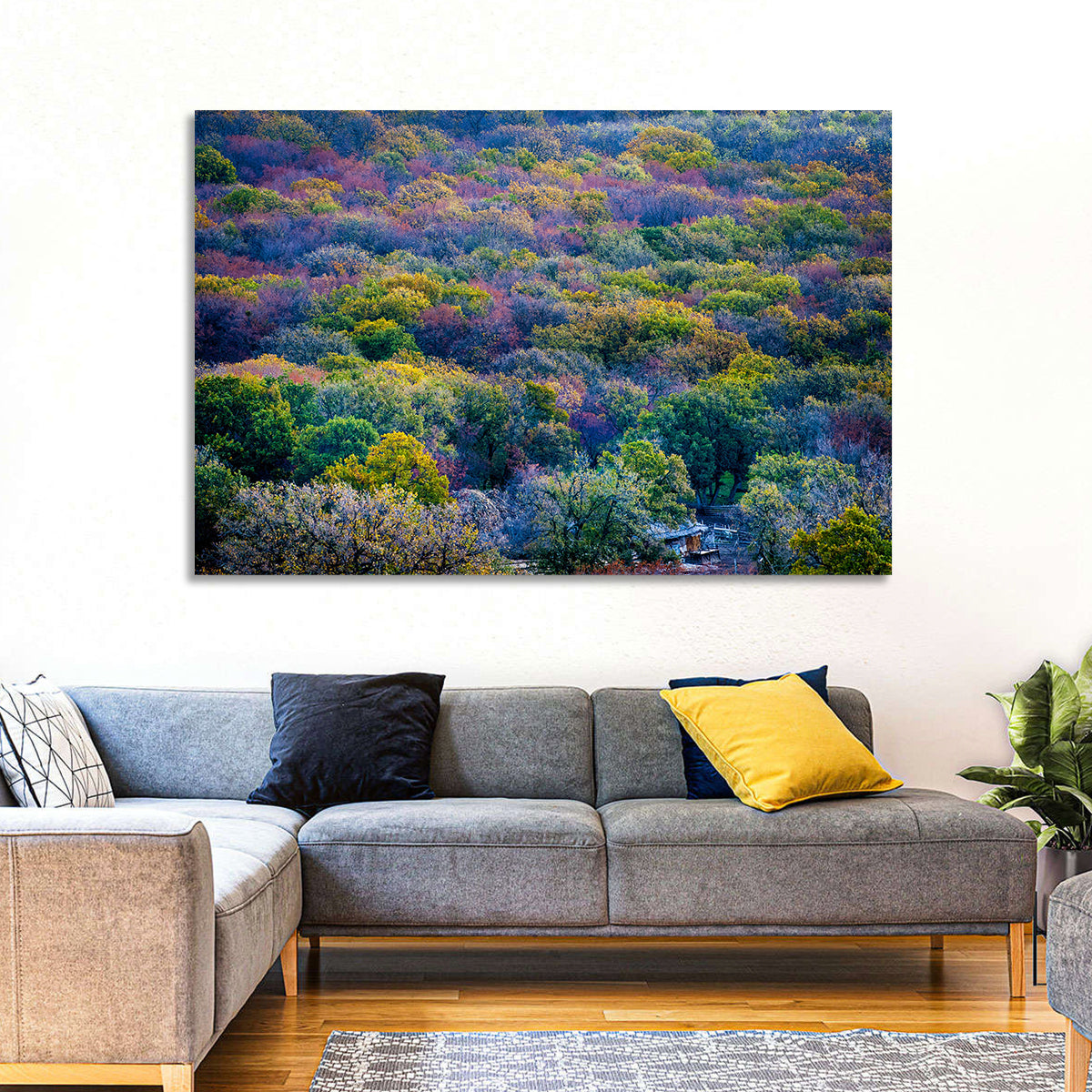 Autumn Canopy Forest with Cabin Roof Wall Art