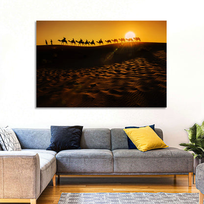Camel Caravan Silhouette at Golden Sunset Wall Art