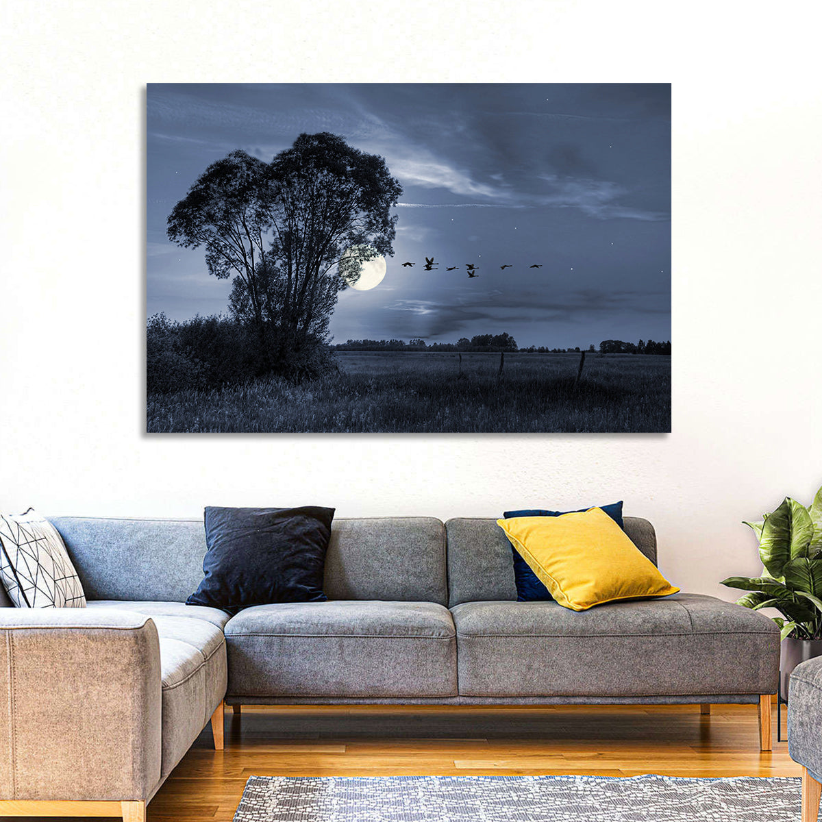 Moonlit Birds Over Quiet Field Wall Art