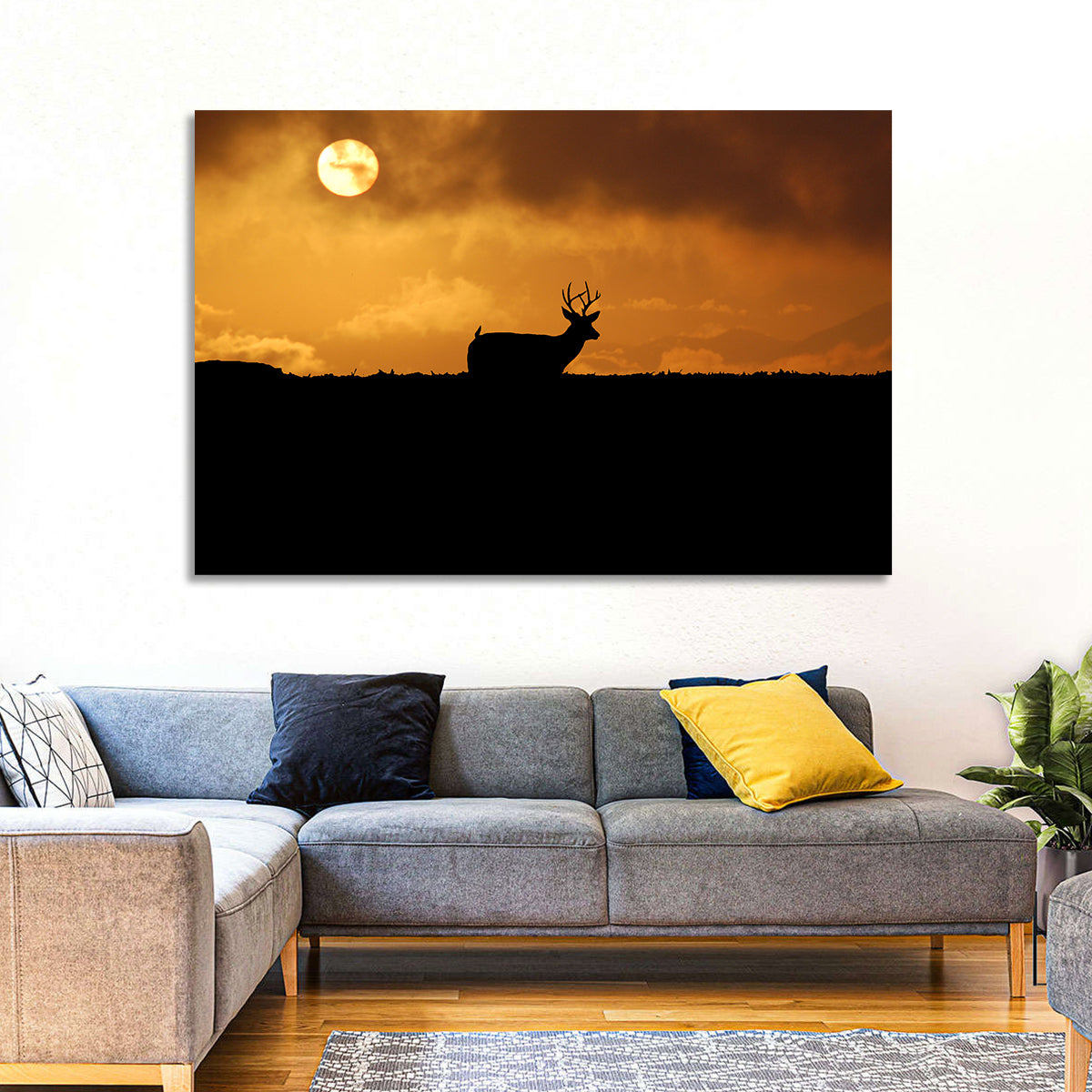 Deer at Sunset Wall Art in a room, landscape
