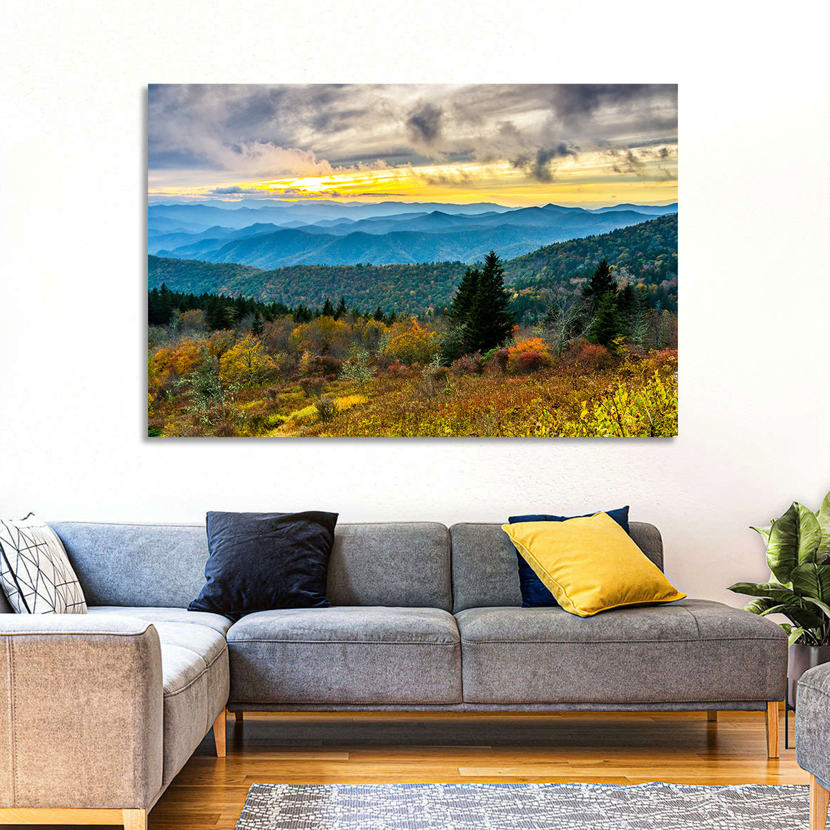Cowee Mountains Sunset Wall Art in a room, landscape