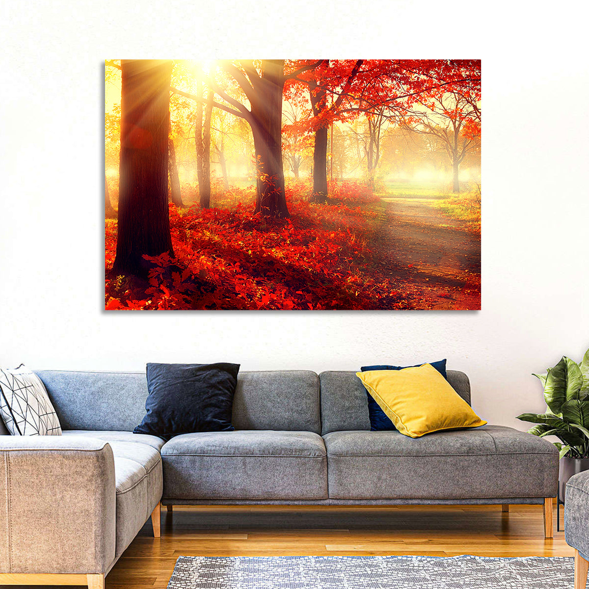 Sunlit Forest Path Wall Art in a room, landscape
