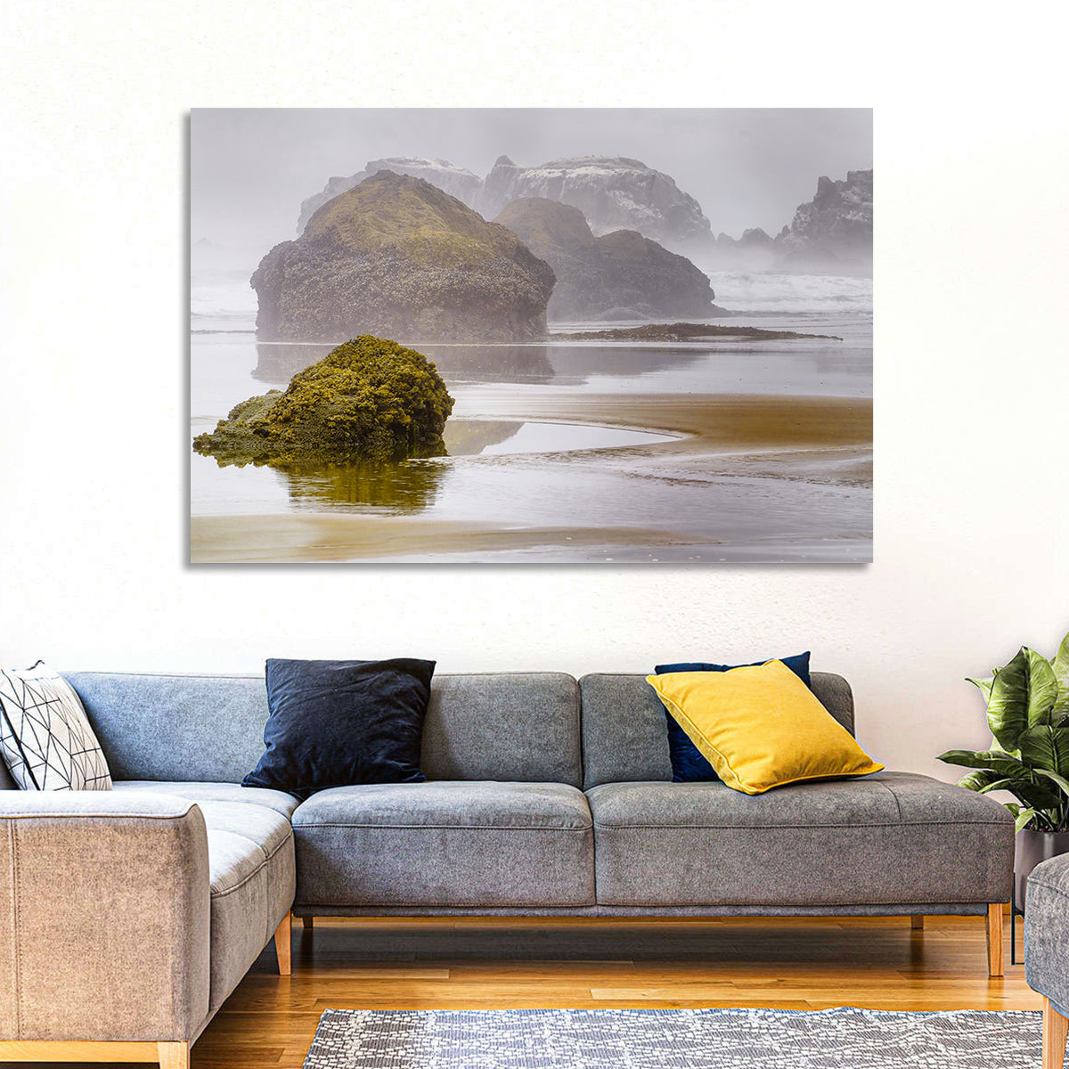 Misty Oregon Sea Stacks Wall Art in a room, landscape