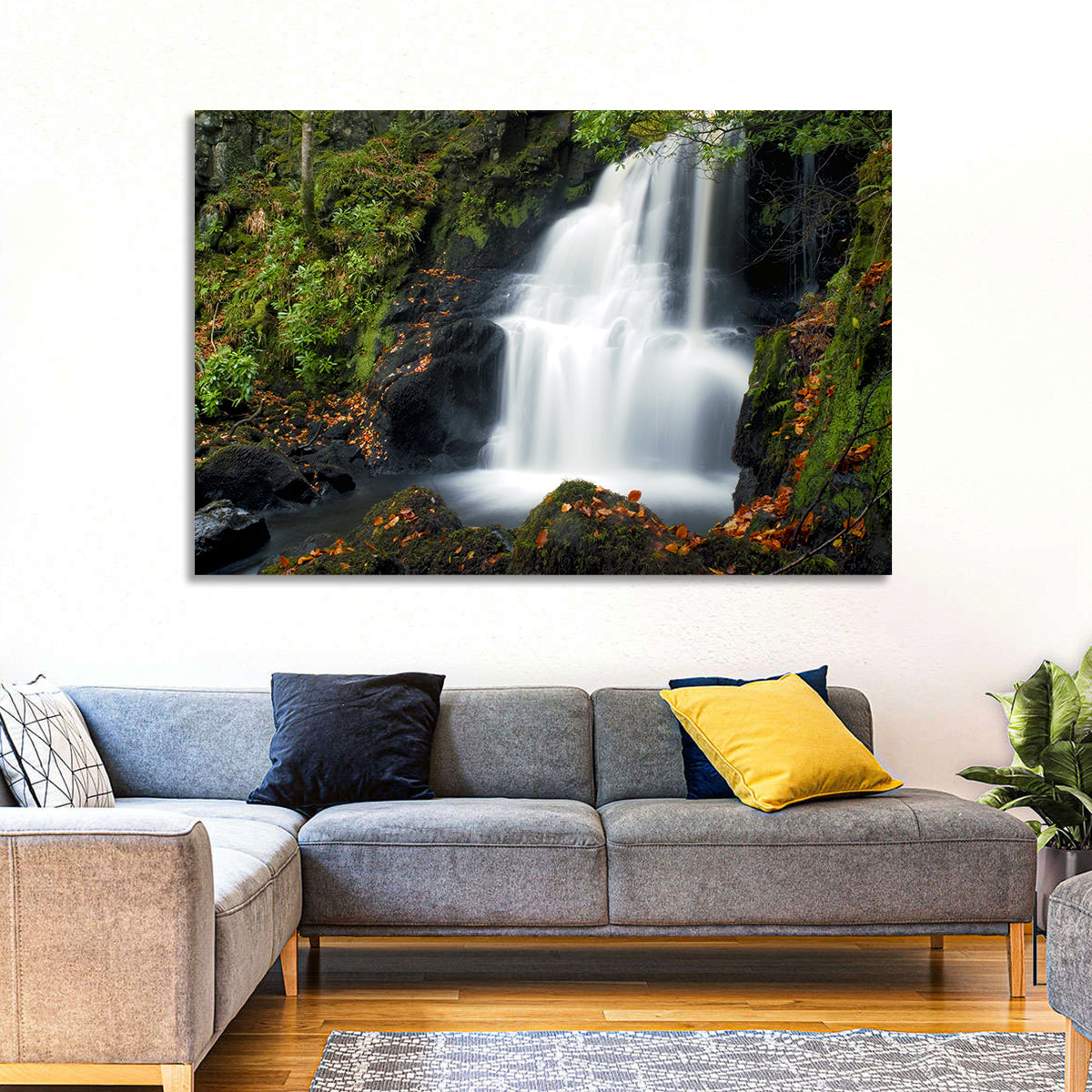 Autumn Waterfall in Tobermory Wall Art in a room, landscape