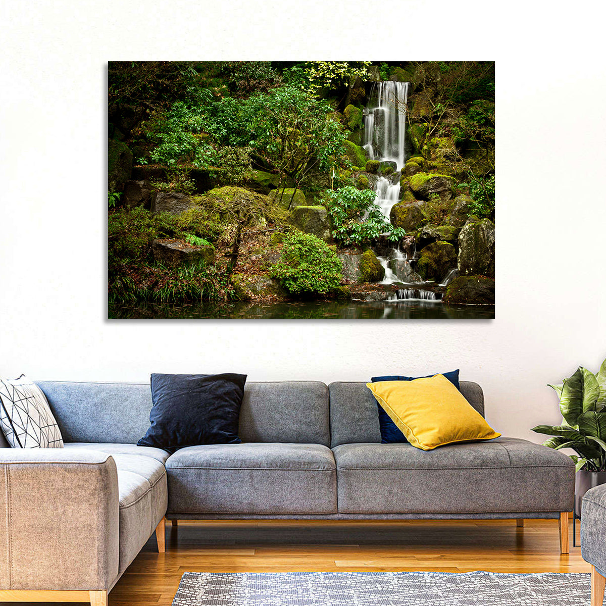 Secluded Mossy Waterfall Wall Art in a room, landscape