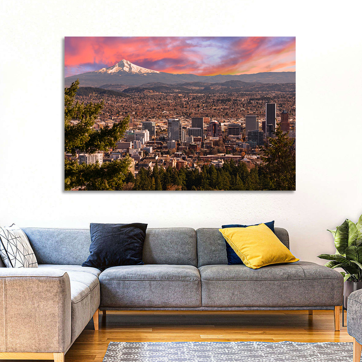 Portland Skyline at Sunset Wall Art in a room, landscape