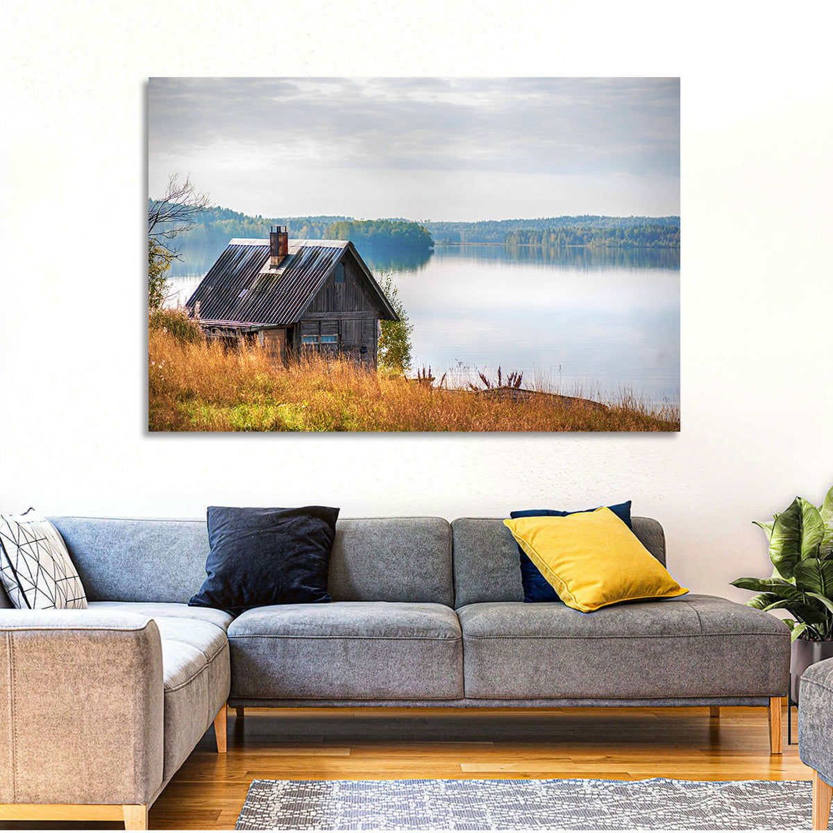 Salmon Lake Cabin Wall Art in a room, landscape