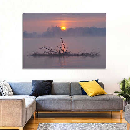 Misty Lake Sunrise with Fallen Tree Wall Art