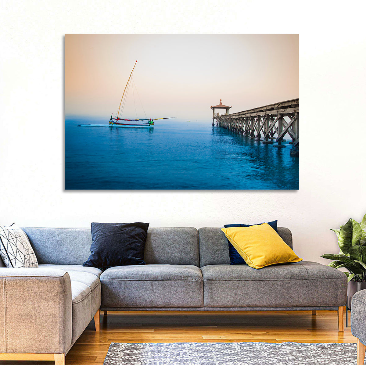 Outrigger Boat and Pier Wall Art in a room, landscape
