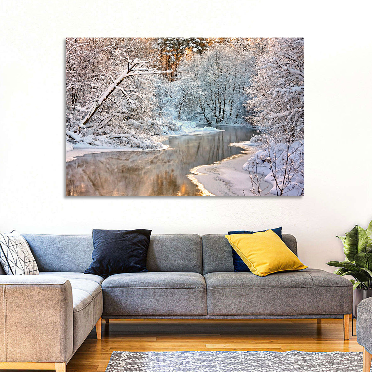 Snow-covered Stream at Golden Hour Wall Art in a room, landscape