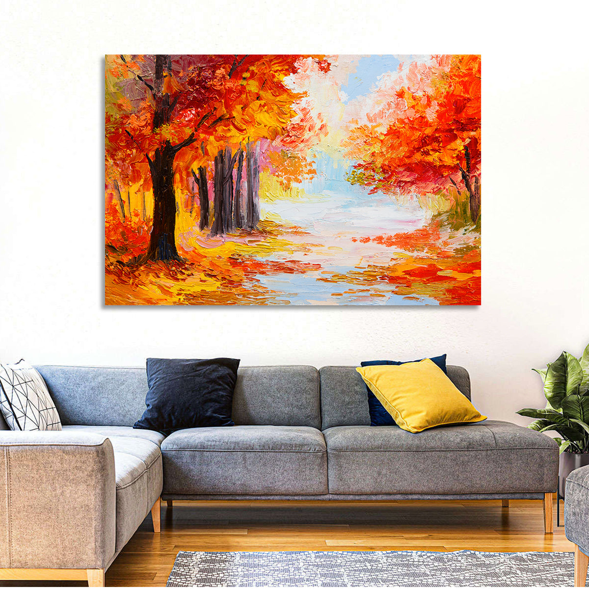 Autumn Forest Pathway Wall Art in a room, landscape
