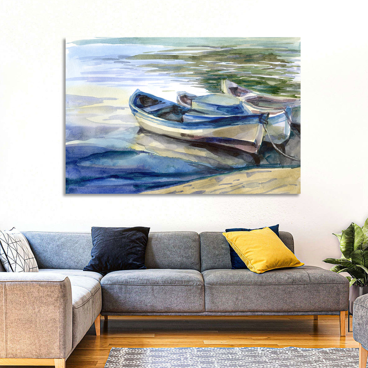 Watercolor Rowboats by the Shore Wall Art in a room, landscape