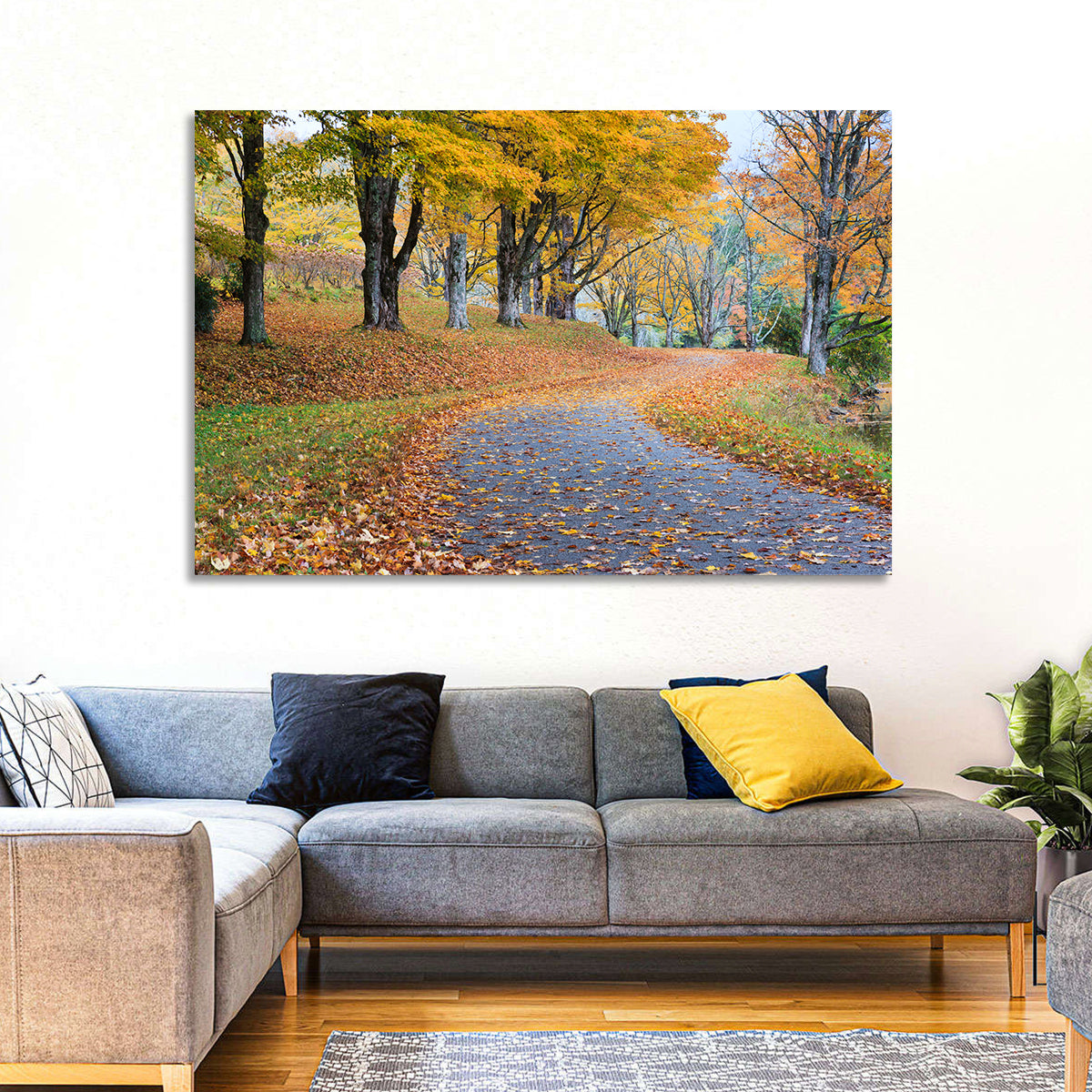 Autumn Road with Golden Canopy Wall Art in a room, landscape