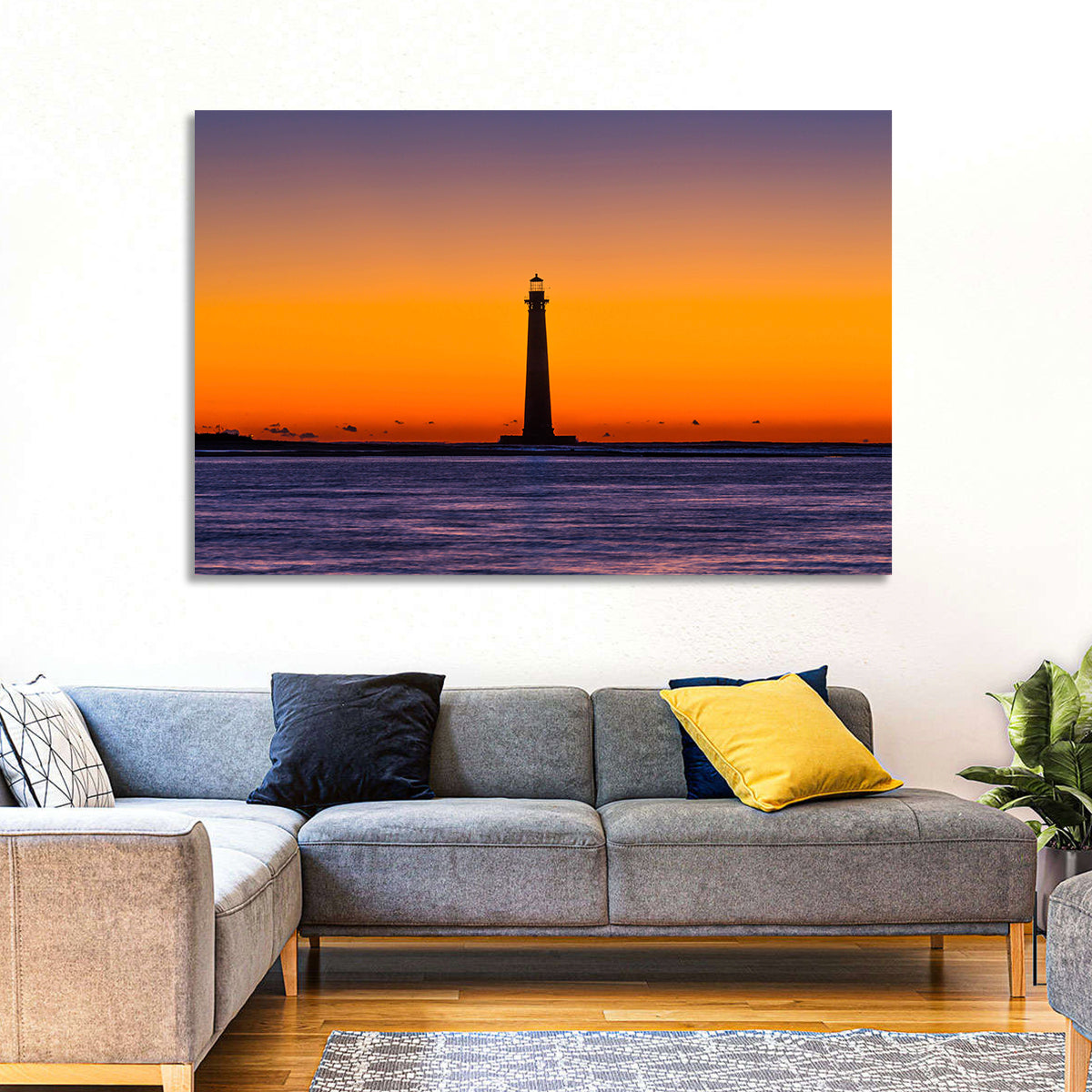 Minimalist Lighthouse Silhouette at Twilight Wall Art in a room, landscape