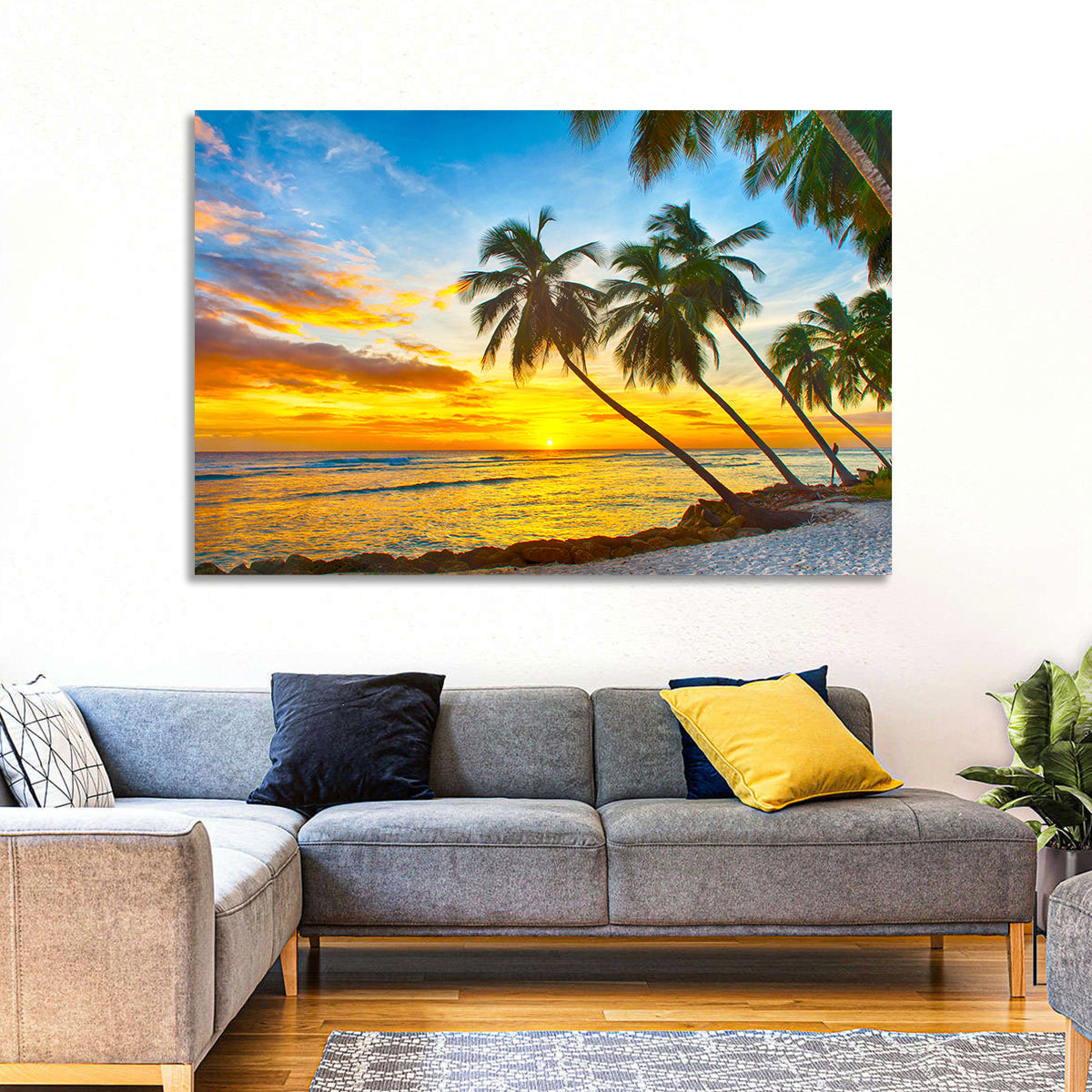 Palm Island Sunset Wall Art in a room, landscape