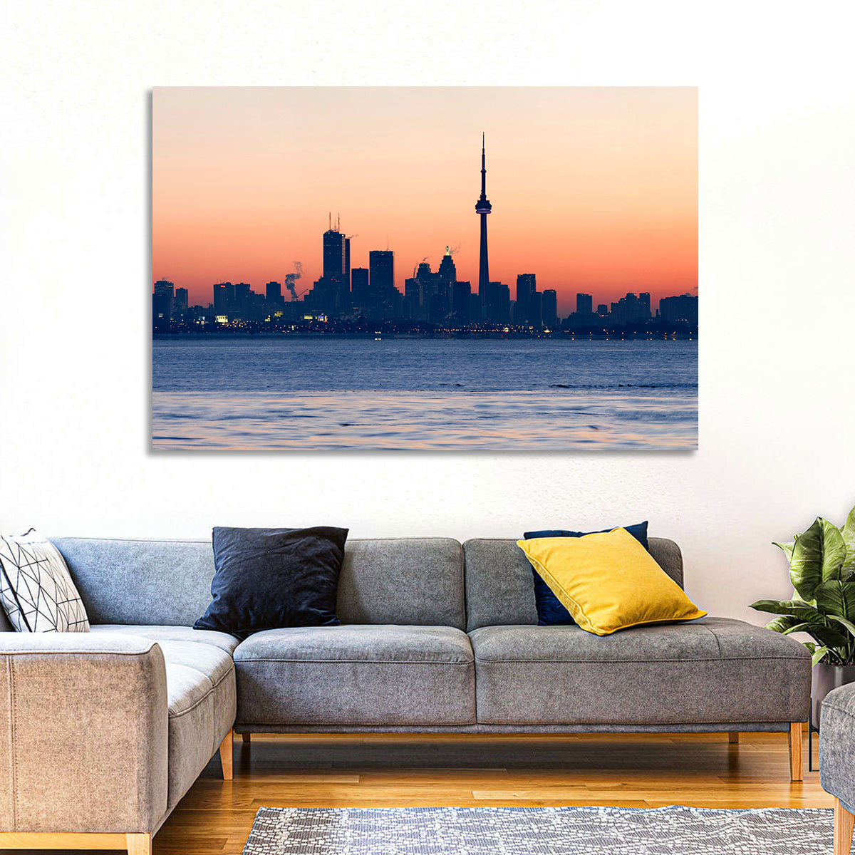 Toronto Dusk Skyline with Cn Tower Wall Art in a room, landscape