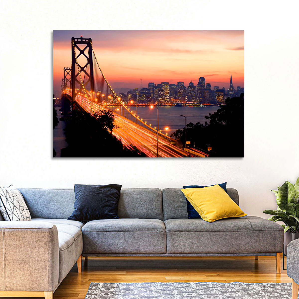 Bay Bridge Light Trails at Sunset Wall Art in a room, landscape