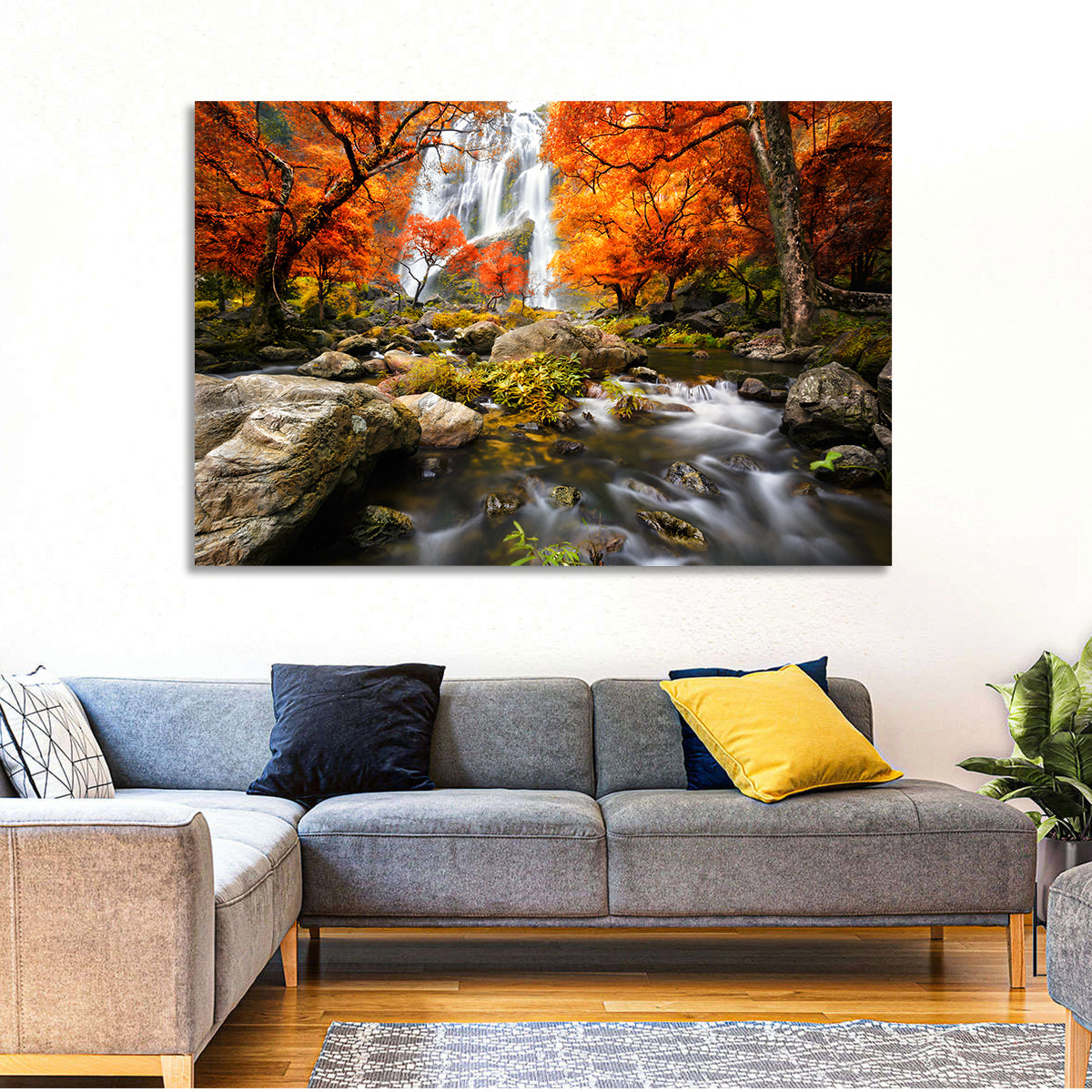 Autumn Forest Waterfall Wall Art in a room, landscape