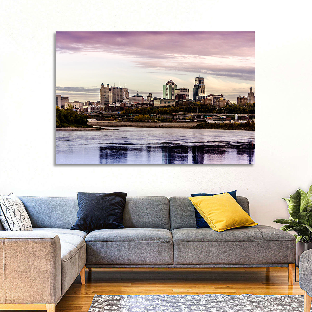 Kansas City Skyline at Dusk Wall Art in a room, landscape