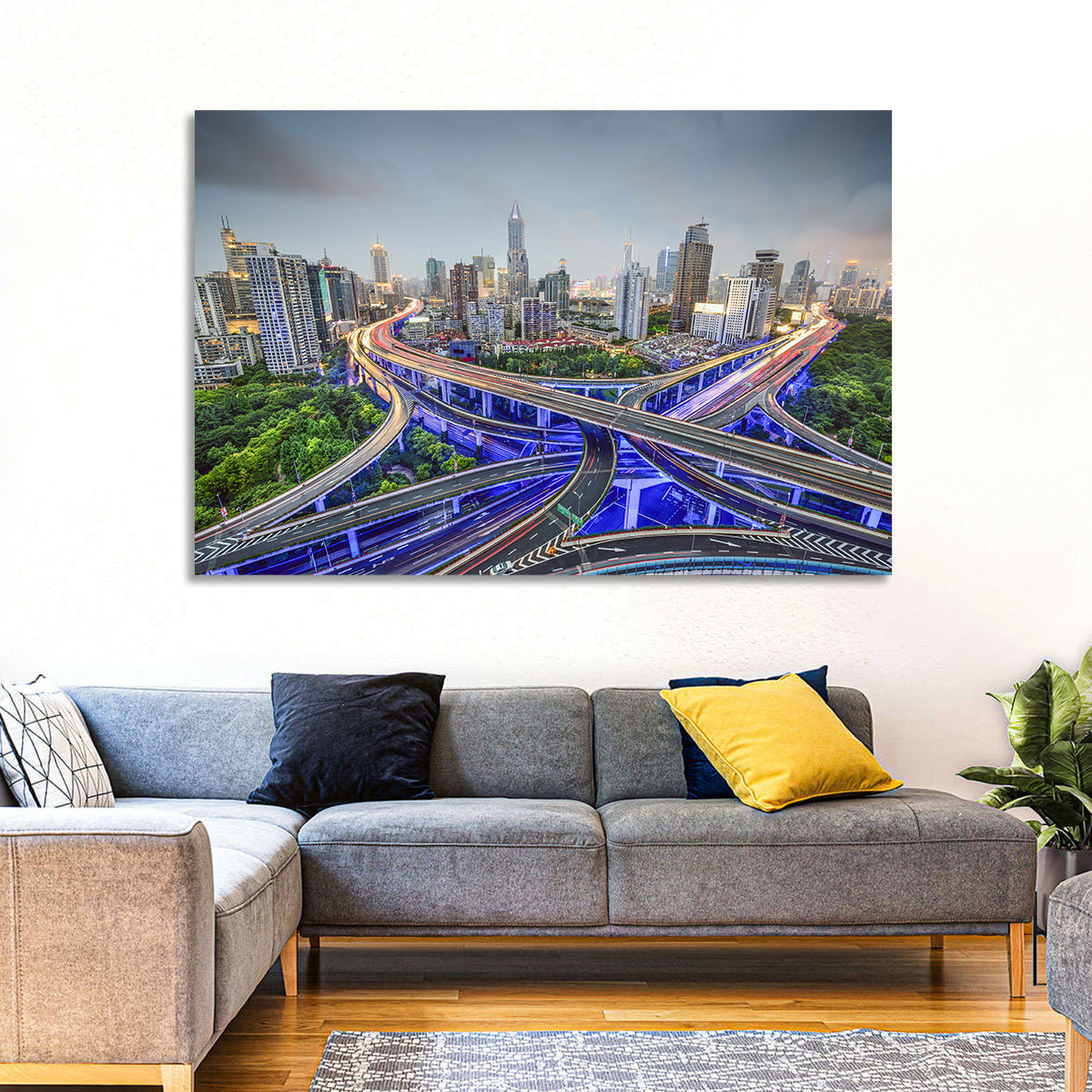 Shanghai Dusk Interchange Cityscape Wall Art in a room, landscape
