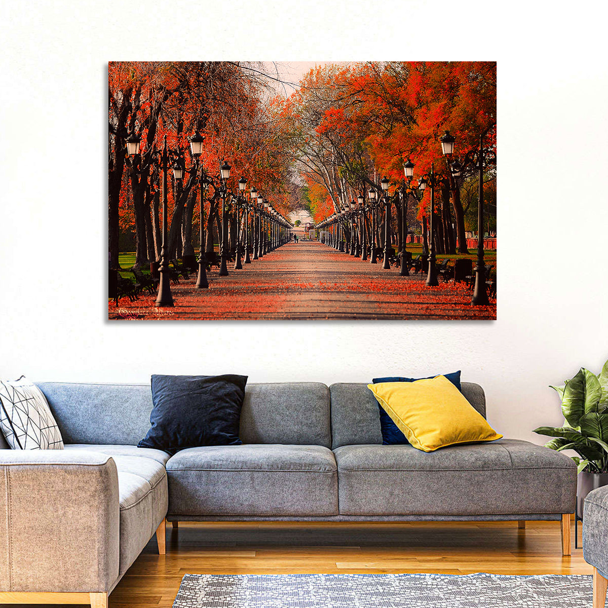 Autumn Park Path with Vintage Lampposts Wall Art in a room, landscape
