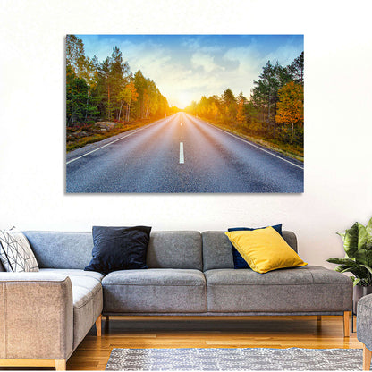 Sunlit Autumn Forest Road Wall Art
