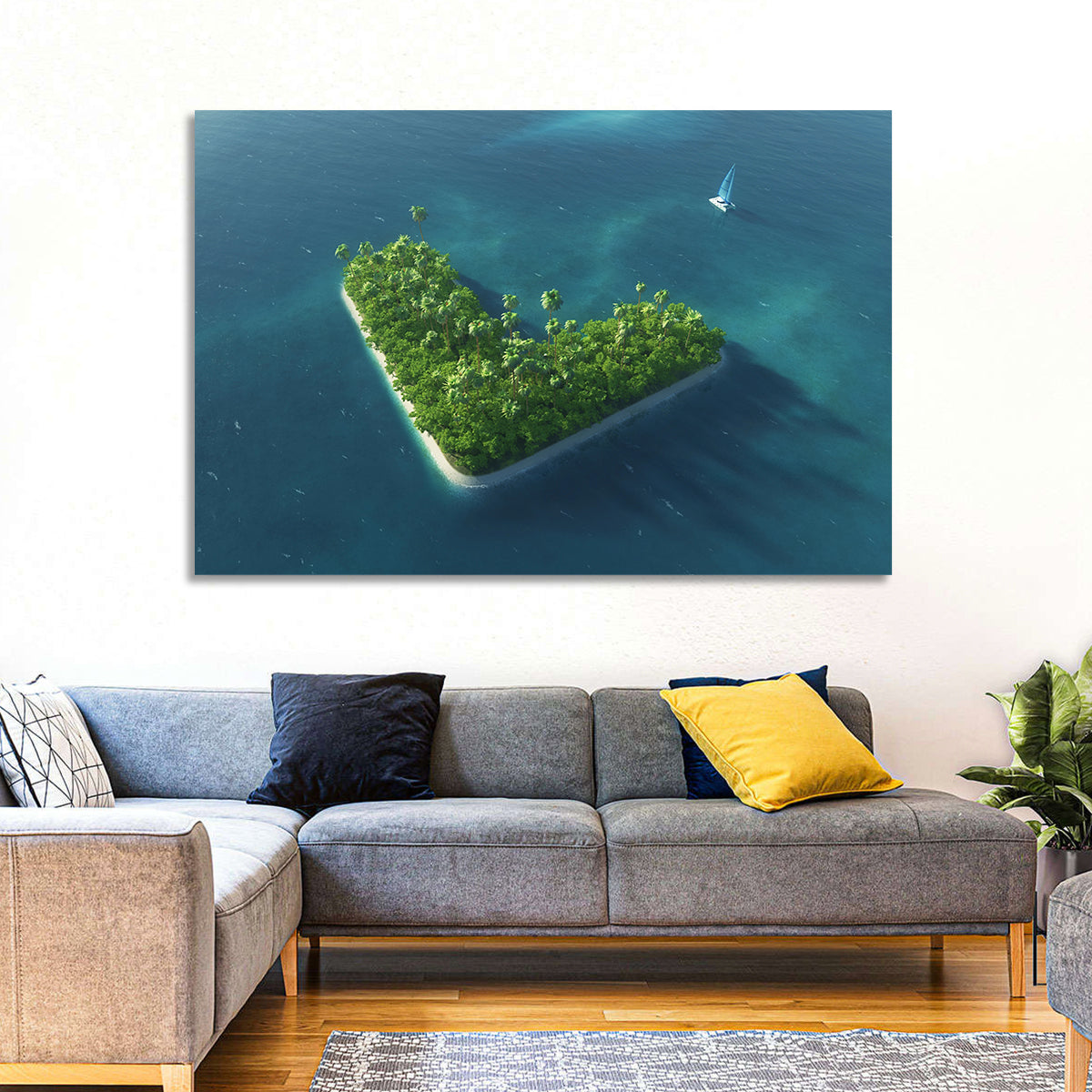 V-shaped Tropical Island with Distant Catamaran Wall Art