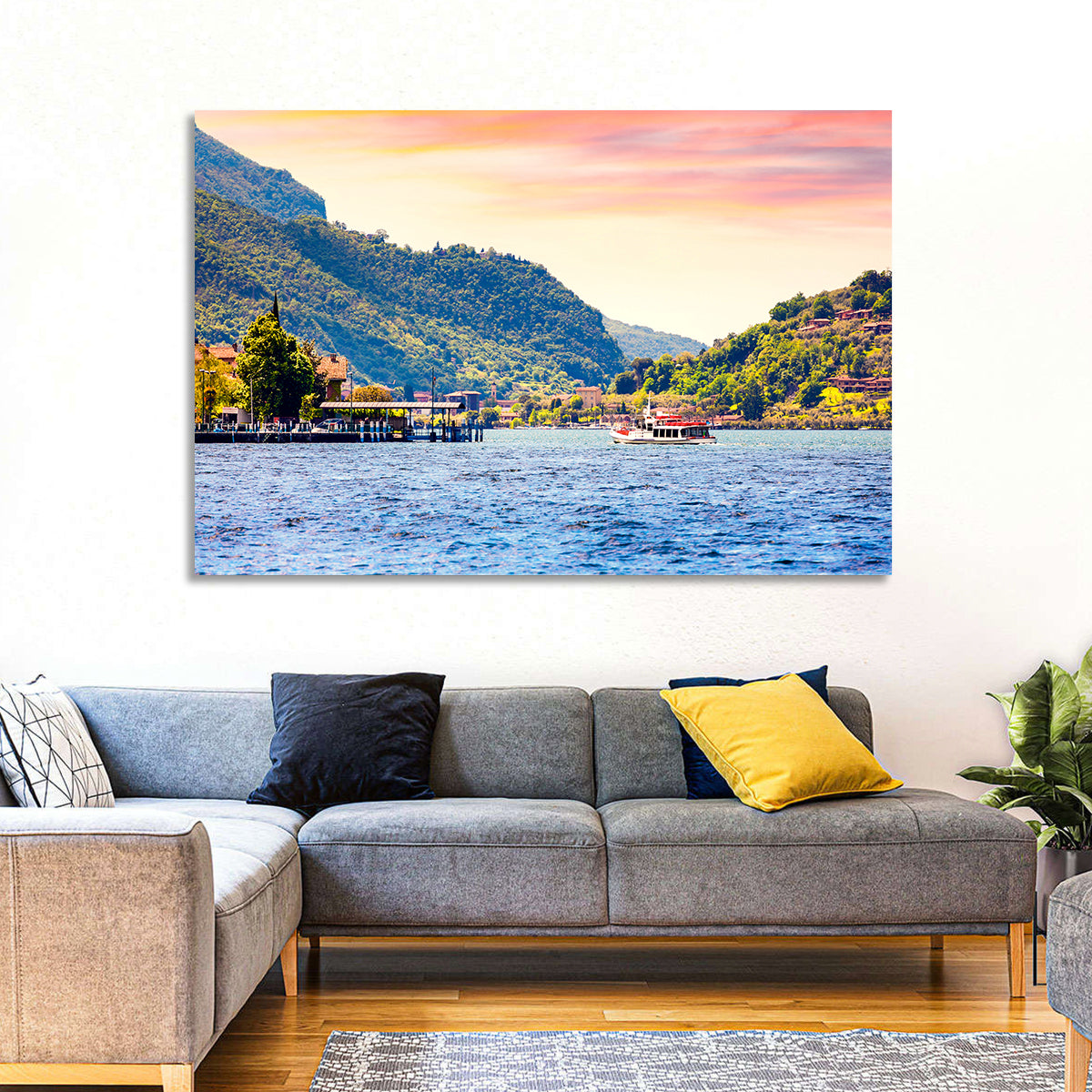 Lake Iseo Morning Harbor Wall Art in a room, landscape