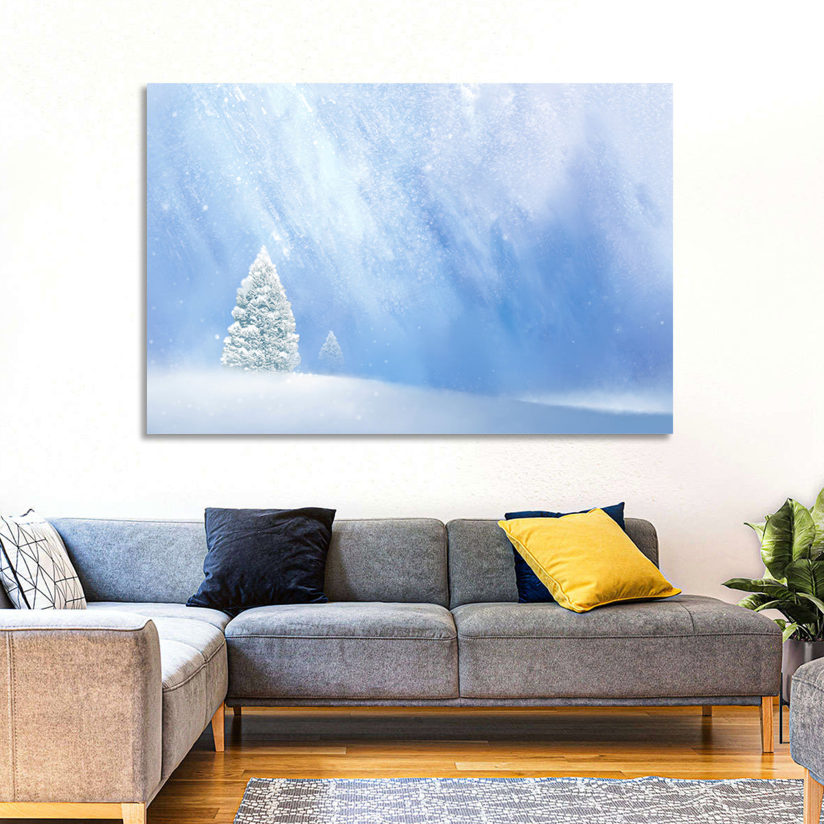 Two Snowy Evergreens Wall Art in a room, landscape