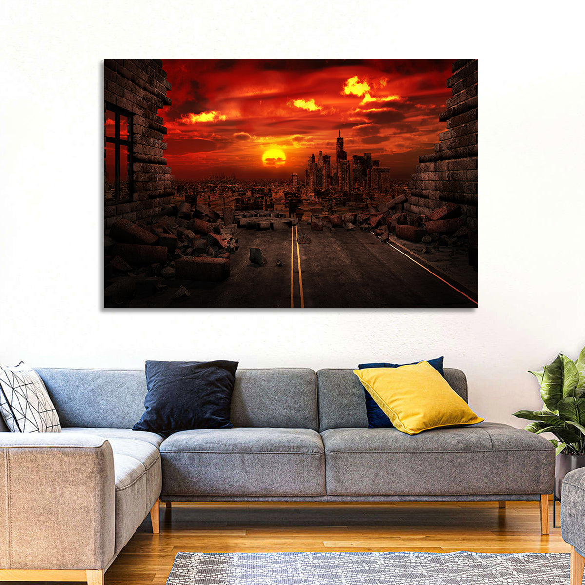 Apocalyptic Sunset Wall Art in a room, landscape