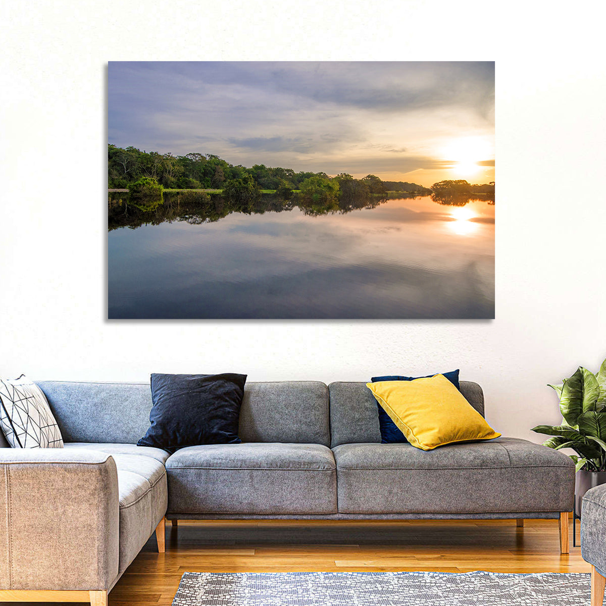 Amazon River Sunset Reflection Wall Art in a room, landscape