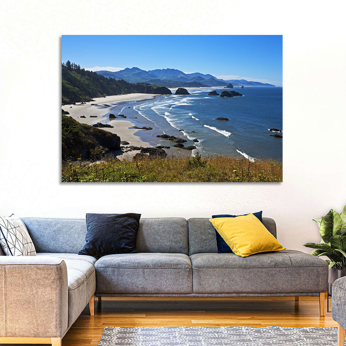 Cannon Beach Morning Shoreline Wall Art in a room, landscape