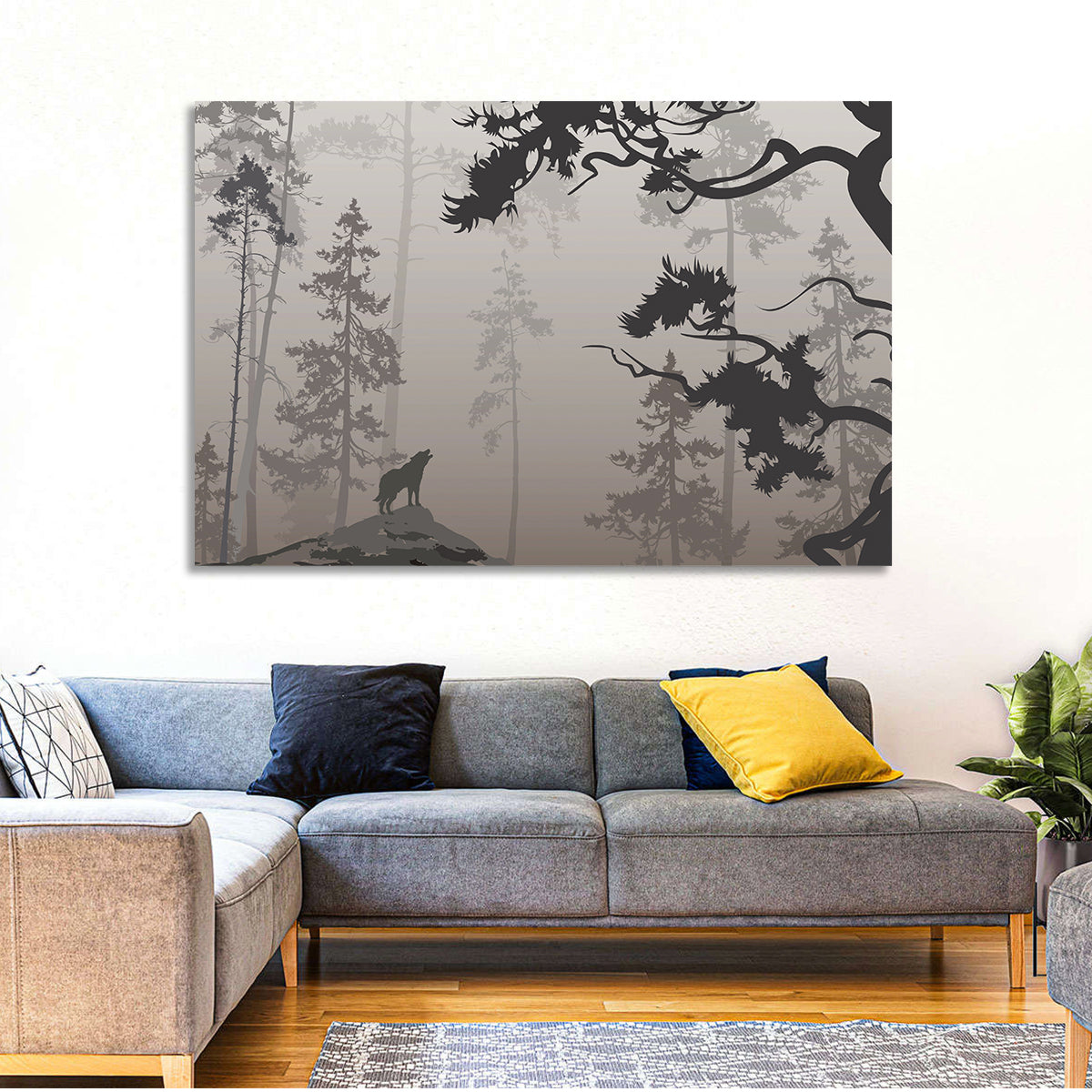 Howling Wolf in Misty Forest Wall Art in a room, landscape