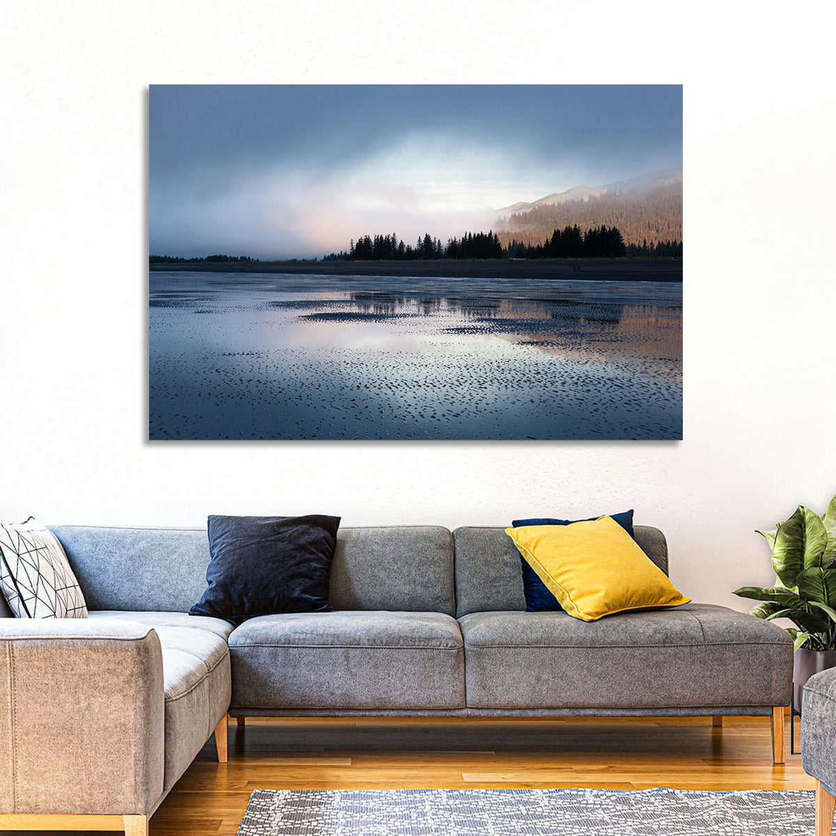 Lake Clark Foggy Shoreline Wall Art in a room, landscape