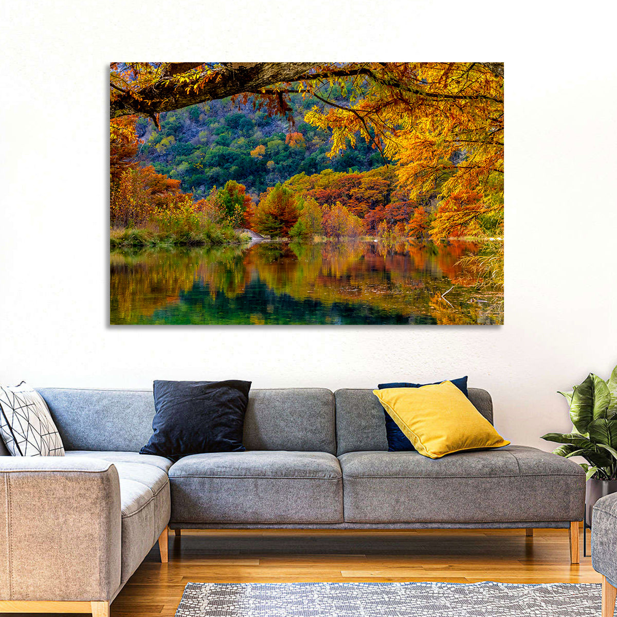 Frio River Autumn Reflection Wall Art in a room, landscape
