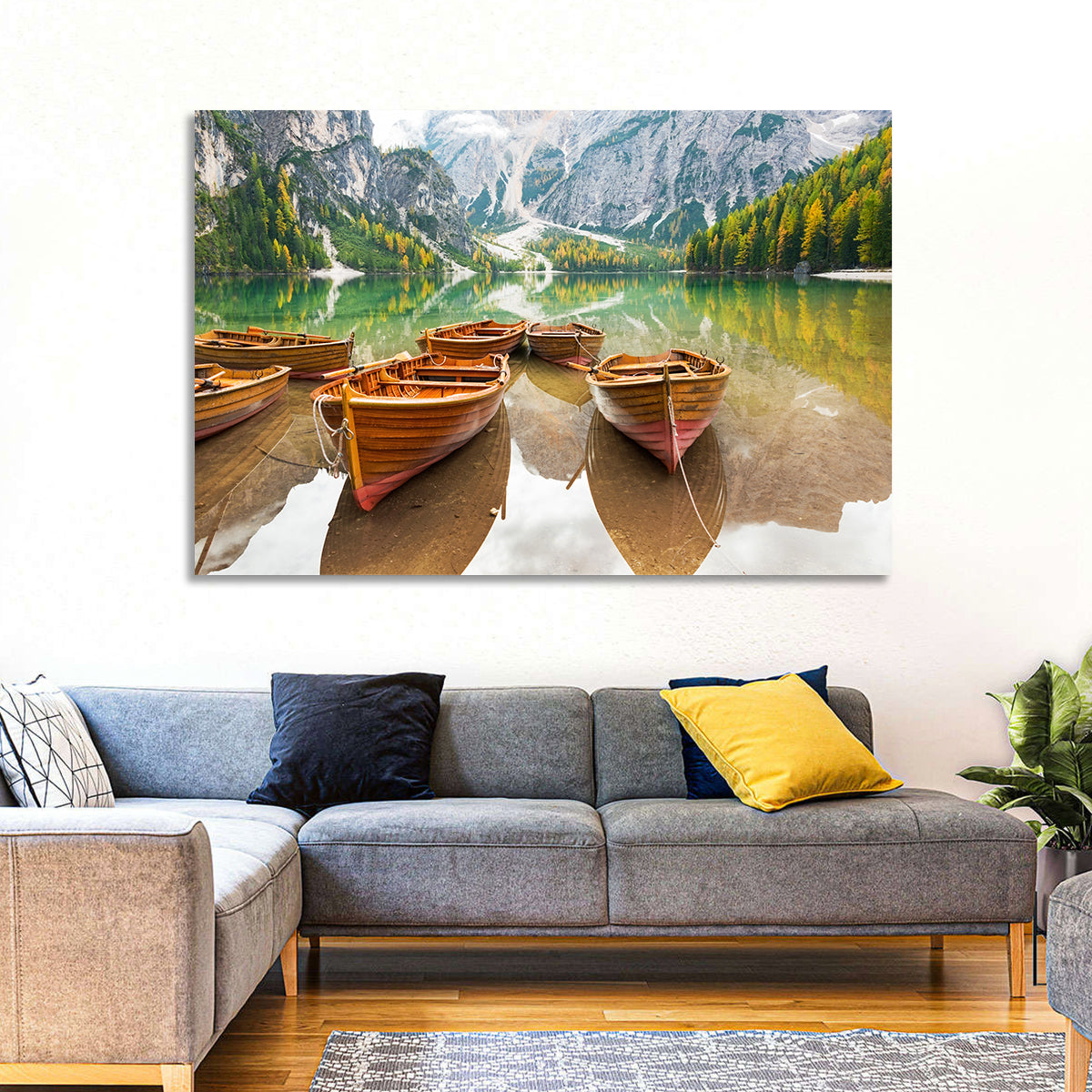 Rowboats on Lake Braies Wall Art in a room, landscape