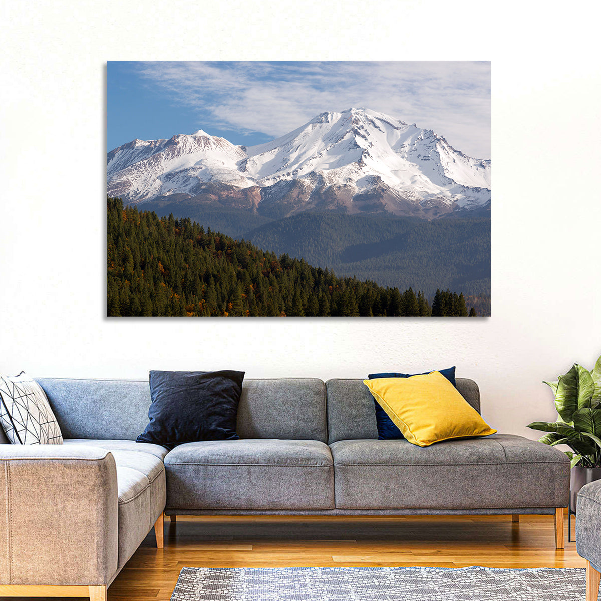 Mount Shasta Snow Peaks Wall Art in a room, landscape