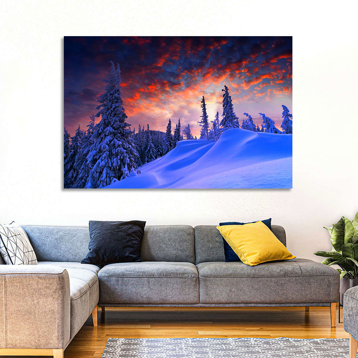 Snow-covered Mountain Sunset Wall Art in a room, landscape