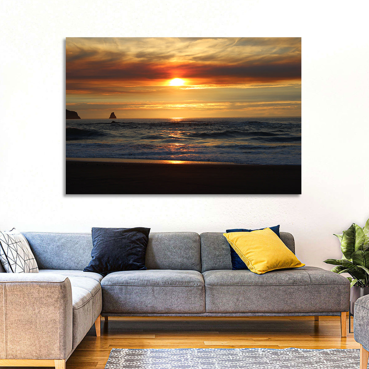 Oregon Sea Stack Sunset Wall Art in a room, landscape