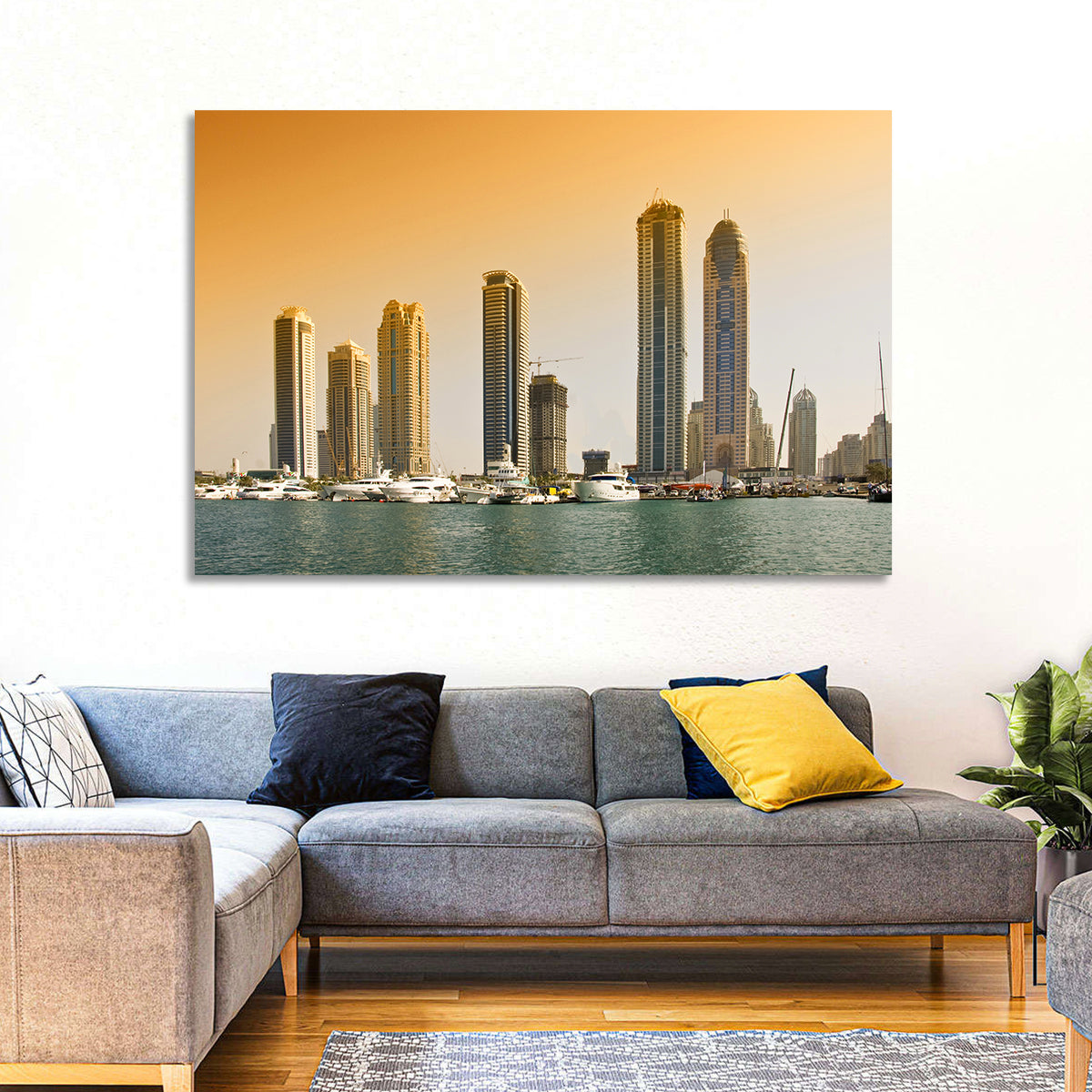 Dubai Marina Sunset Skyline with Yachts Wall Art in a room, landscape