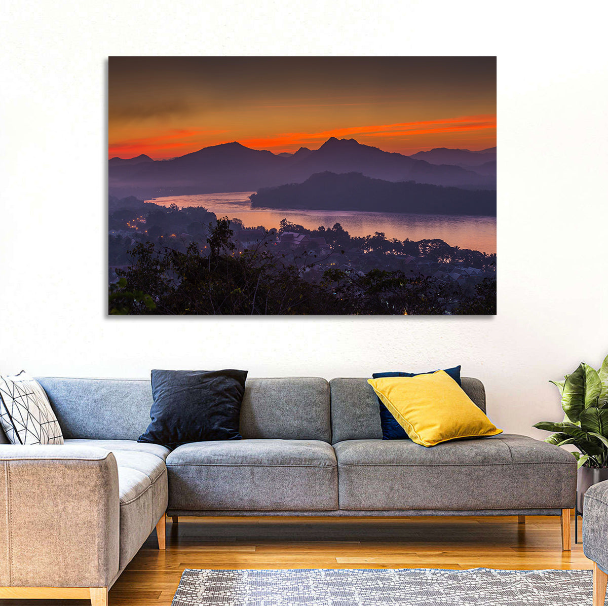 Luang Prabang Sunset Over Mekong Wall Art in a room, landscape