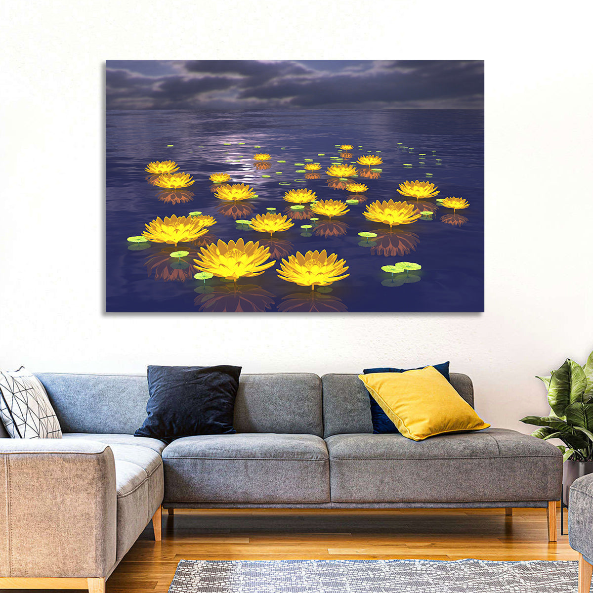 Floating Lotus at Dusk Wall Art in a room, landscape