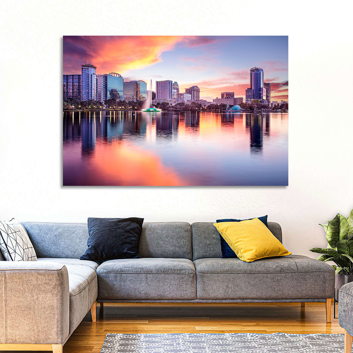 Lake Eola Sunset Orlando Wall Art in a room, landscape