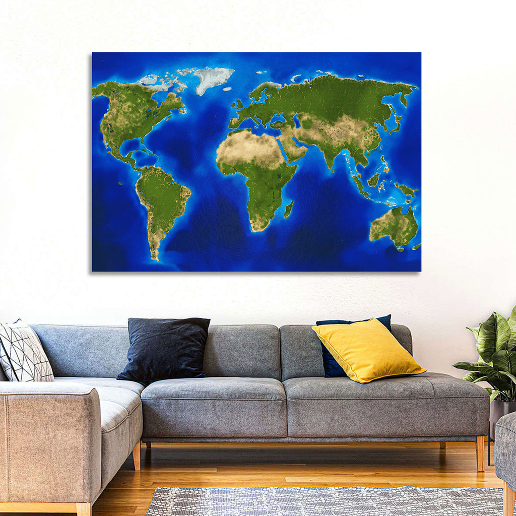 Satellite-style Blue World Map Wall Art