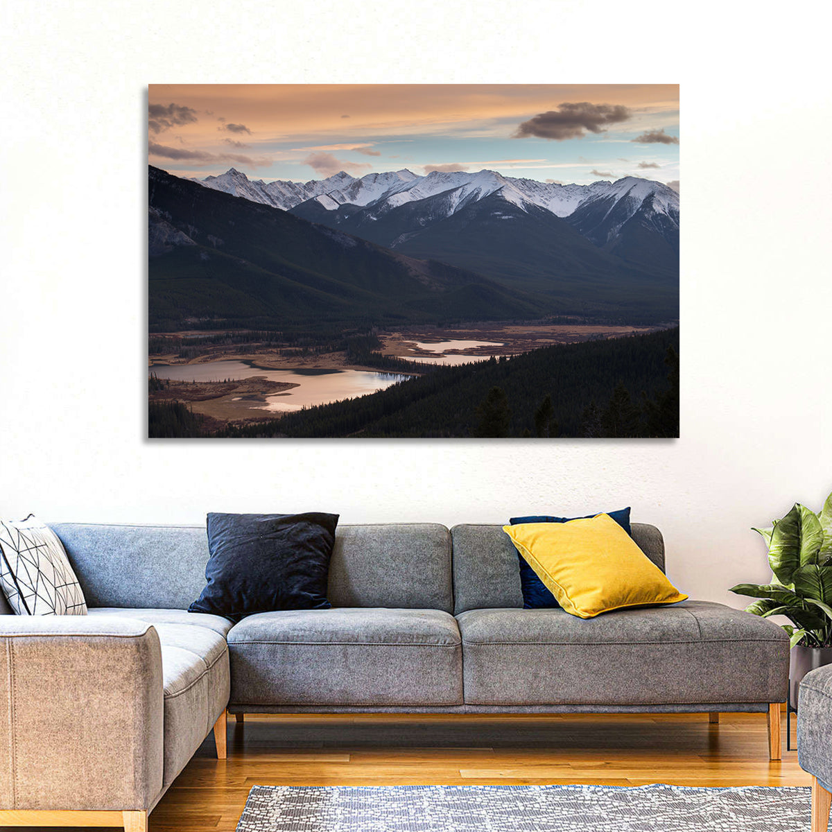 Banff Mountain Lake at Dusk Wall Art in a room, landscape