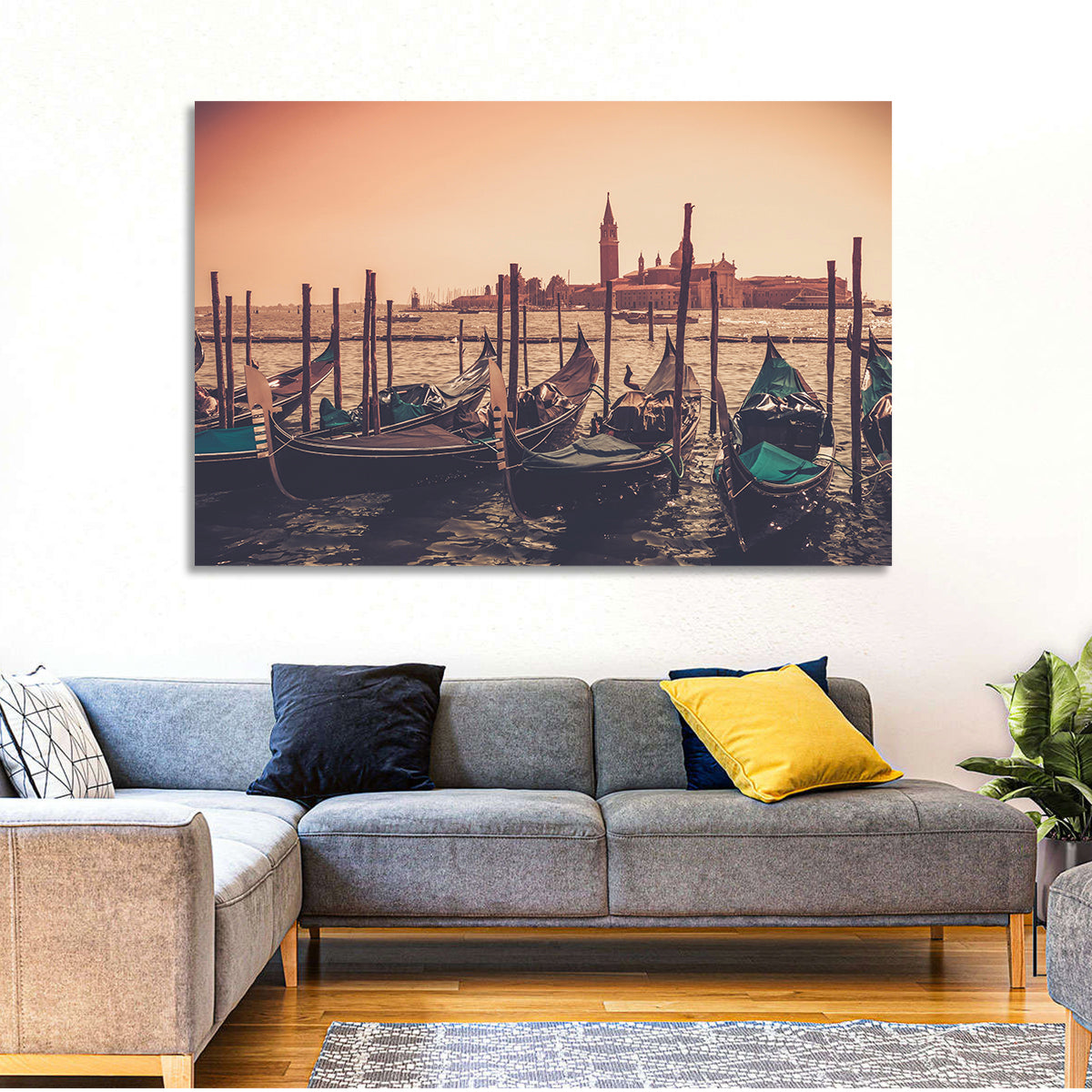 Venetian Gondolas at Dusk Wall Art in a room, landscape