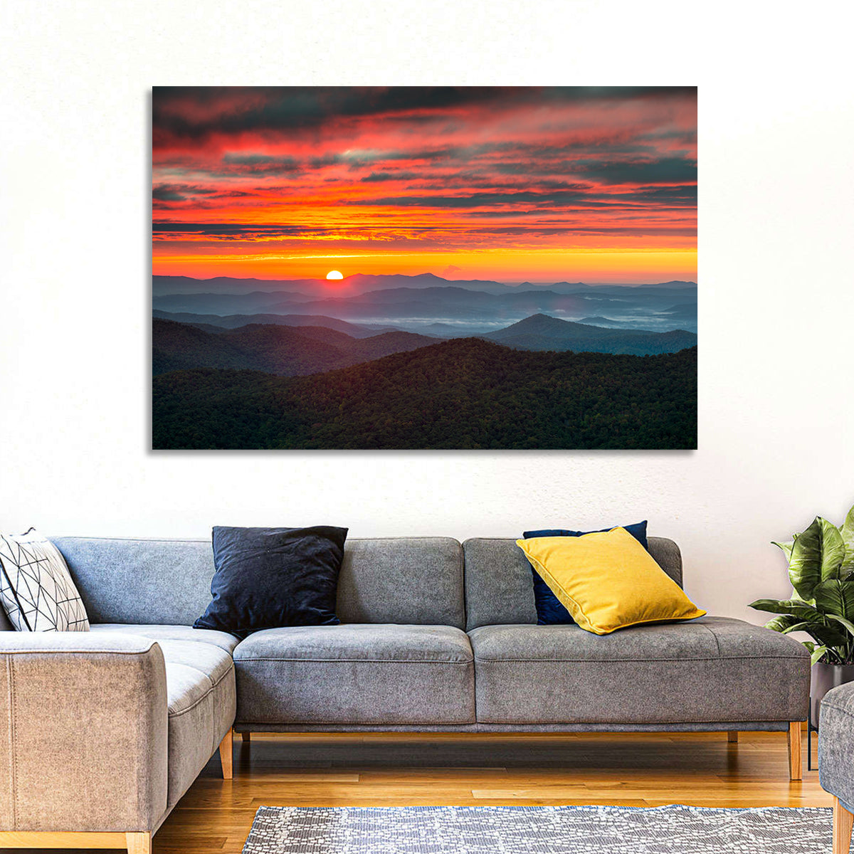 Blue Ridge Sunrise Over Misty Ridges Wall Art in a room, landscape