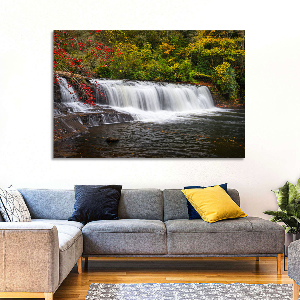 Blue Ridge Autumn Waterfall Wall Art in a room, landscape